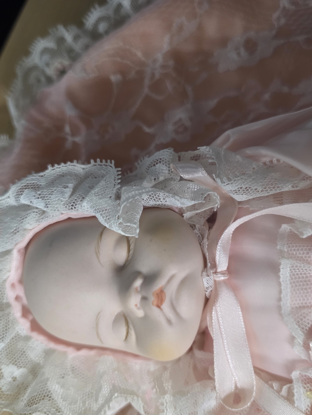 Vintage Porcelain Baby Doll in Pink Lace Bonnet